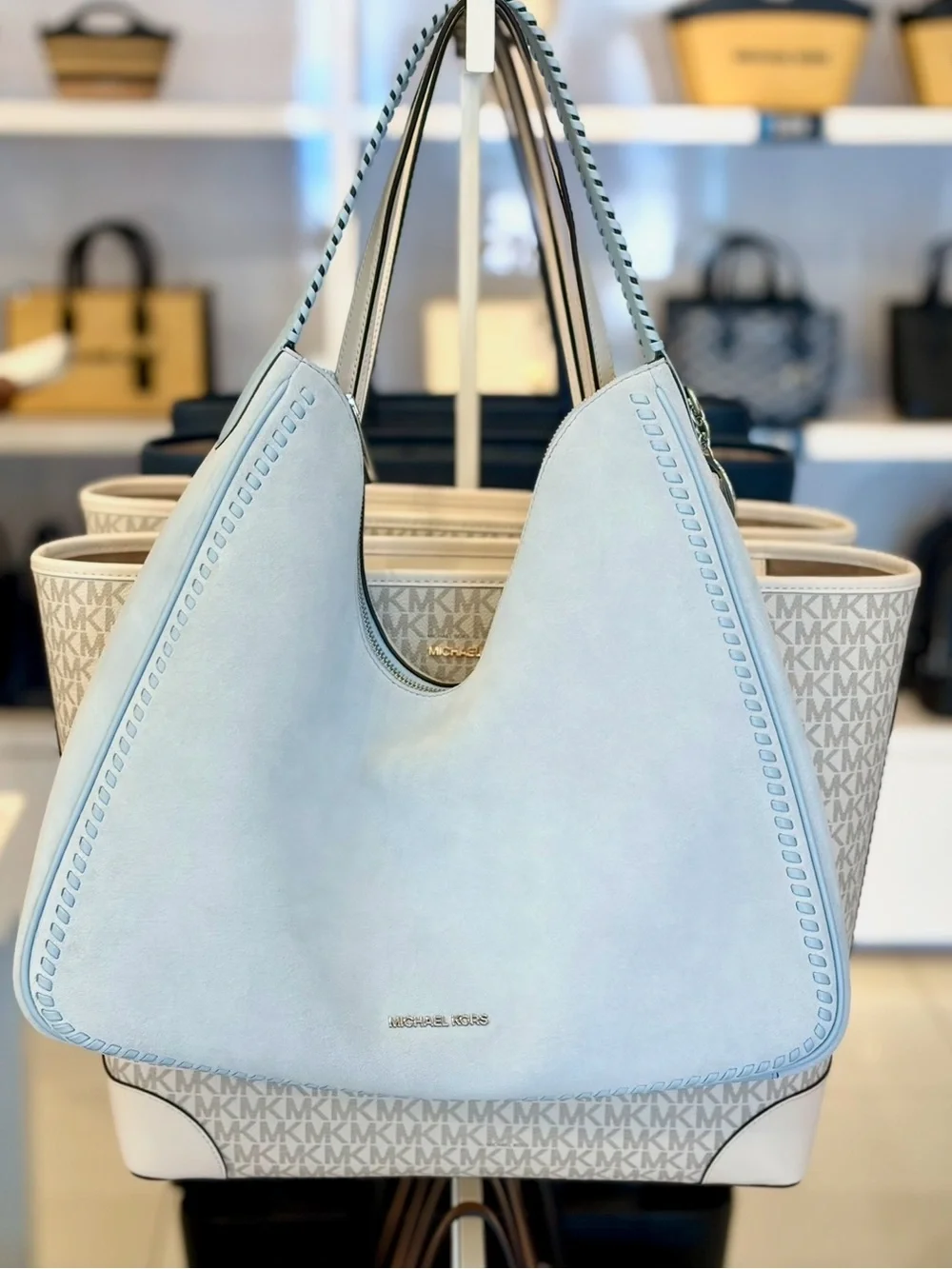 MICHAEL KORS Nayla Medium Suede Hobo Shoulder Bag Pale Blue  NWT